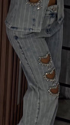 Ensemble décontracté en jean avec strass et estampe à chaud en forme de cœur, col rond pour femme