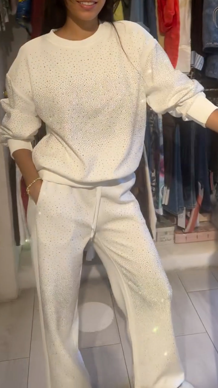 Ensemble décontracté à col rond et strass pour femme