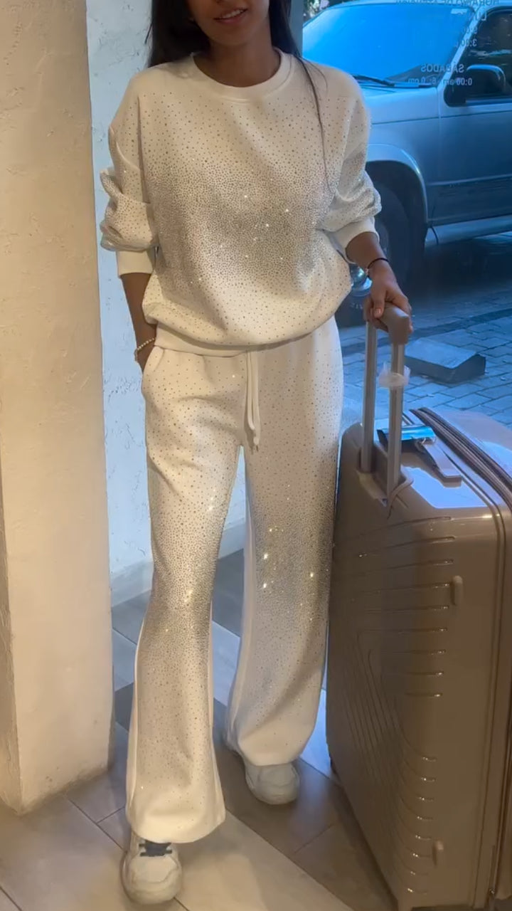 Ensemble décontracté à col rond et strass pour femme