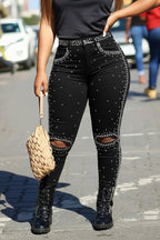 Jean skinny déchiré orné de strass pour femme