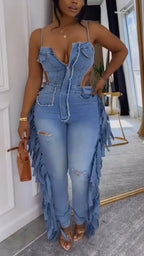 Combinaison salopette en jean sexy et décontractée pour femme avec bretelles et patchwork