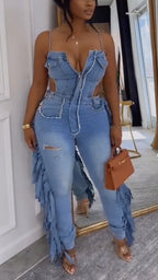 Combinaison salopette en jean sexy et décontractée pour femme avec bretelles et patchwork