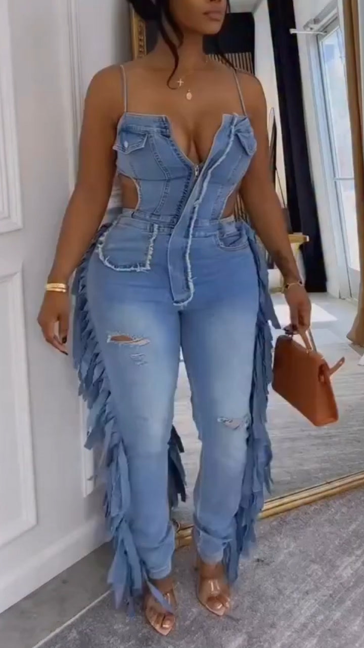 Combinaison salopette en jean sexy et décontractée pour femme avec bretelles et patchwork