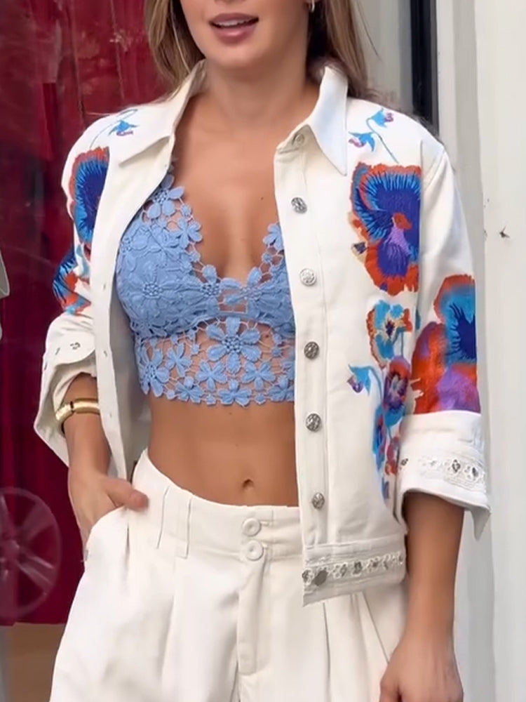 Blouson décontracté femme à col brodé de fleurs
