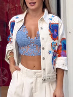 Blouson décontracté femme à col brodé de fleurs