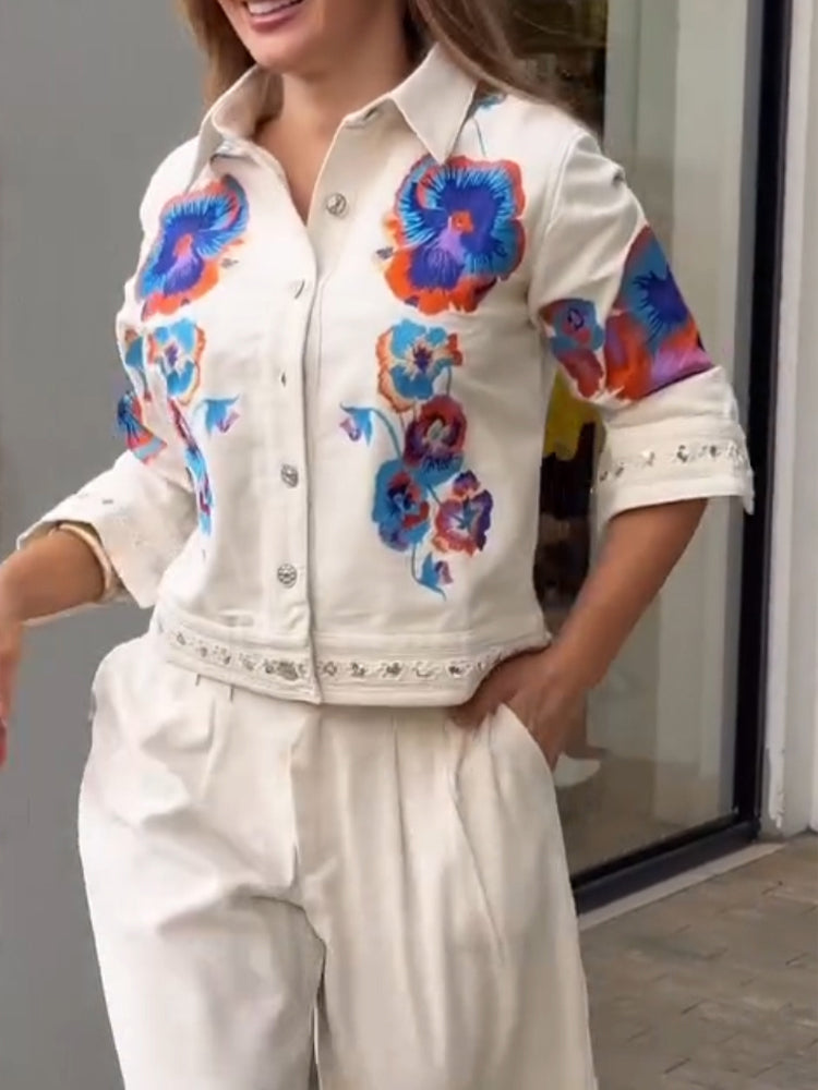 Blouson décontracté femme à col brodé de fleurs