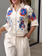 Blouson décontracté femme à col brodé de fleurs