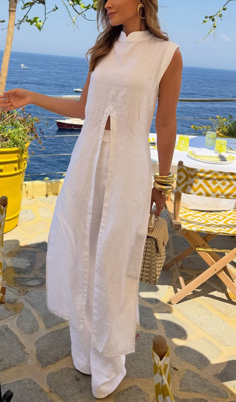 Ensemble décontracté femme, haut long à col rond et pantalon, couleur unie