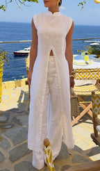 Ensemble décontracté femme, haut long à col rond et pantalon, couleur unie