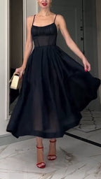 Robe décontractée élégante à bretelles spaghetti et patchwork de couleur unie pour femme