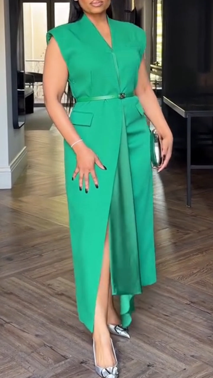 Robe décontractée unie à col en V pour femmes avec du tempérament