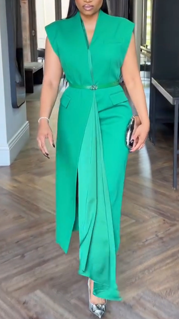 Robe décontractée unie à col en V pour femmes avec du tempérament