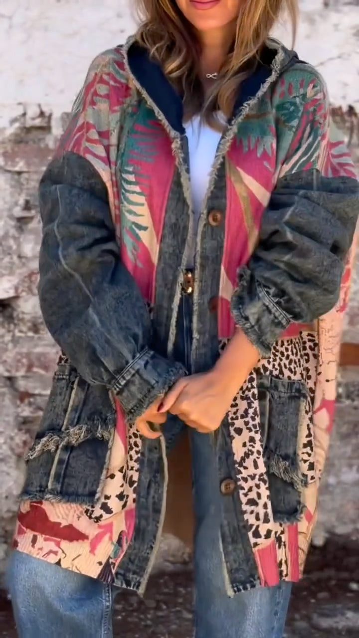 Manteau décontracté en jean patchwork imprimé à capuche pour femme
