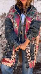 Manteau décontracté en jean patchwork imprimé à capuche pour femme
