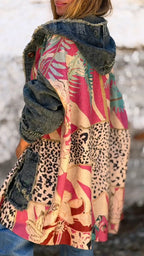 Manteau décontracté en jean patchwork imprimé à capuche pour femme