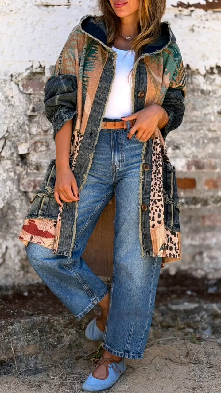 Manteau décontracté en jean patchwork imprimé à capuche pour femme