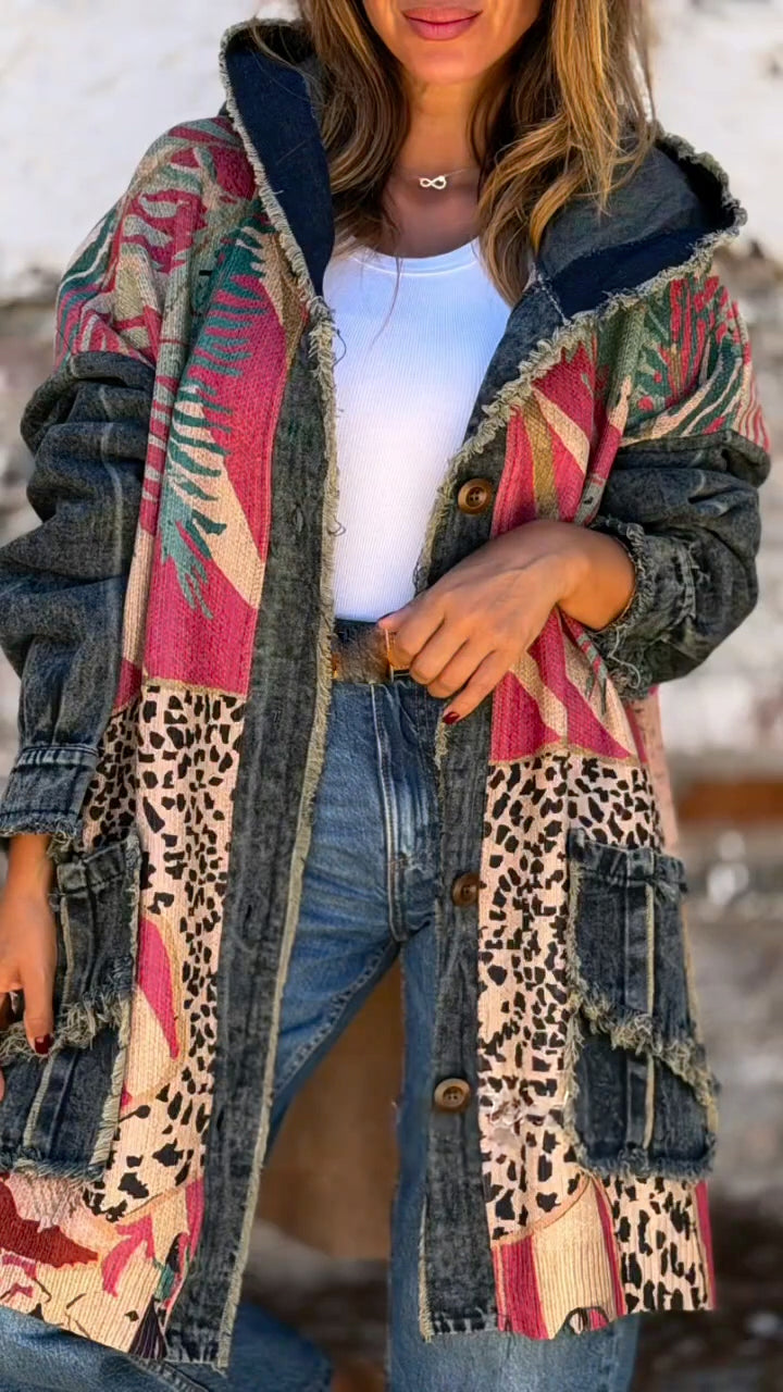 Manteau décontracté en jean patchwork imprimé à capuche pour femme