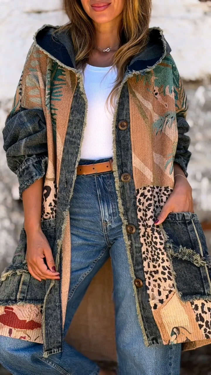 Manteau décontracté en jean patchwork imprimé à capuche pour femme