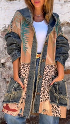 Manteau décontracté en jean patchwork imprimé à capuche pour femme