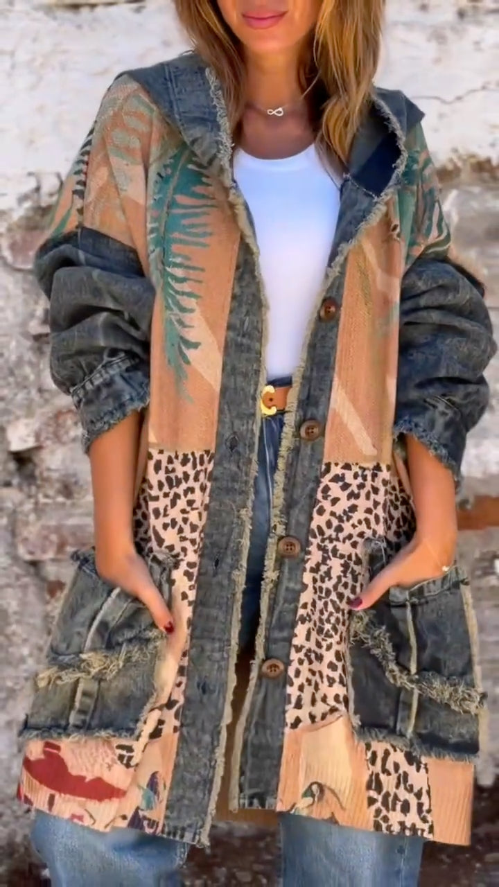 Manteau décontracté en jean patchwork imprimé à capuche pour femme