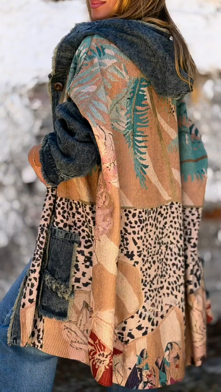 Manteau décontracté en jean patchwork imprimé à capuche pour femme