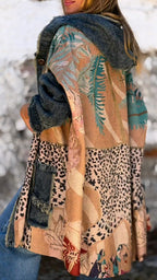 Manteau décontracté en jean patchwork imprimé à capuche pour femme