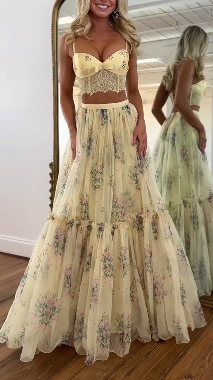 Ensemble élégant haut caraco patchwork et jupe mi-longue pour femme