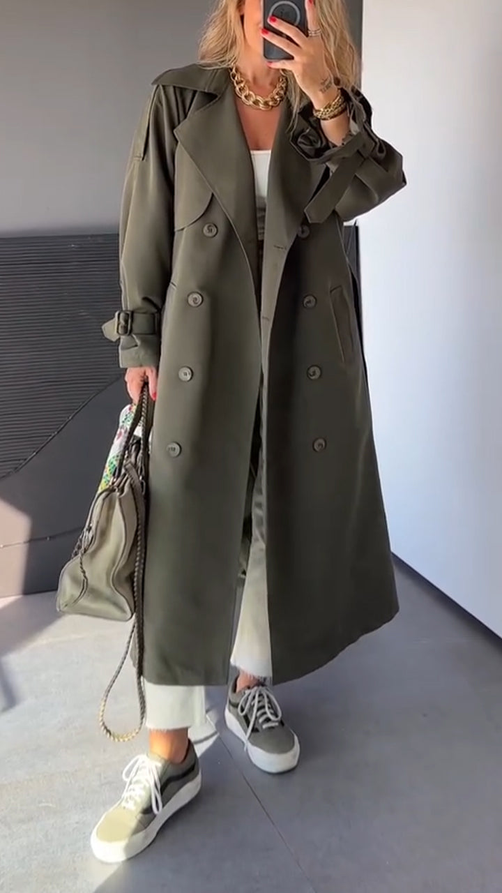 Trench-coat décontracté double boutonnage à revers pour femme avec tempérament