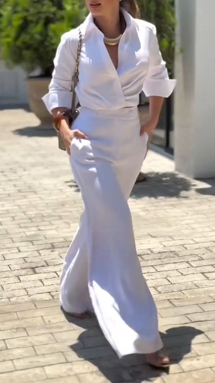 Ensemble Chemise à Col + Pantalon Femme, Couleur Unie, Tempérament Décontracté