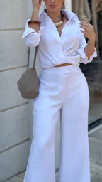 Ensemble Chemise à Col + Pantalon Femme, Couleur Unie, Tempérament Décontracté
