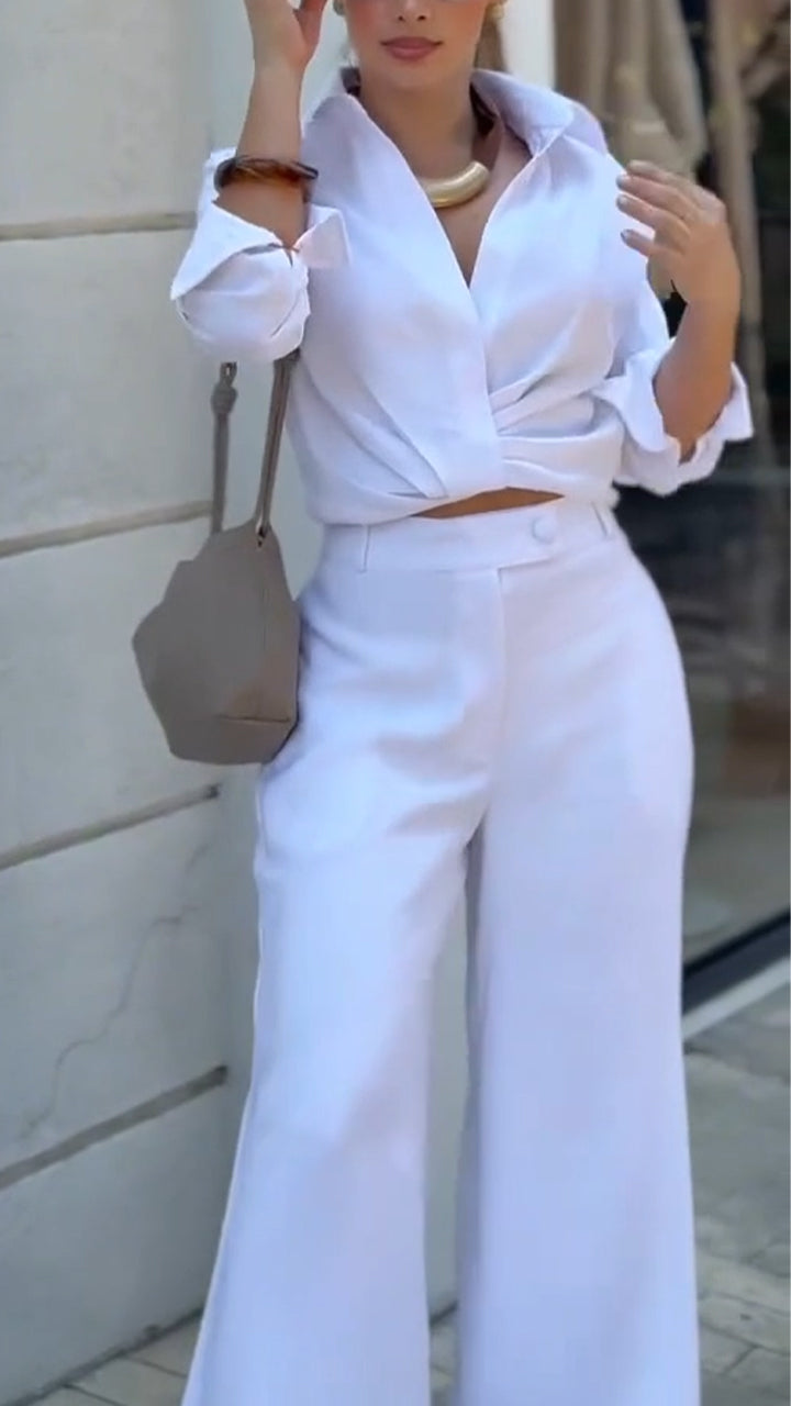 Ensemble Chemise à Col + Pantalon Femme, Couleur Unie, Tempérament Décontracté