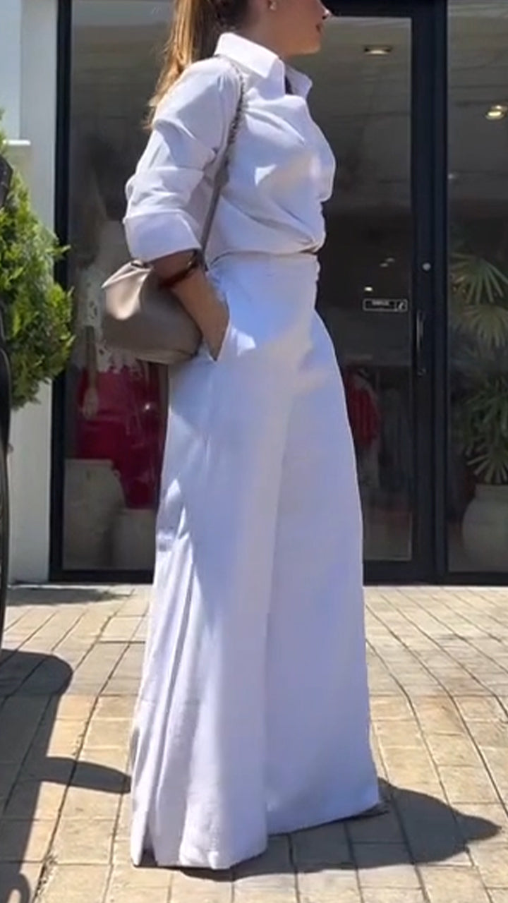 Ensemble Chemise à Col + Pantalon Femme, Couleur Unie, Tempérament Décontracté