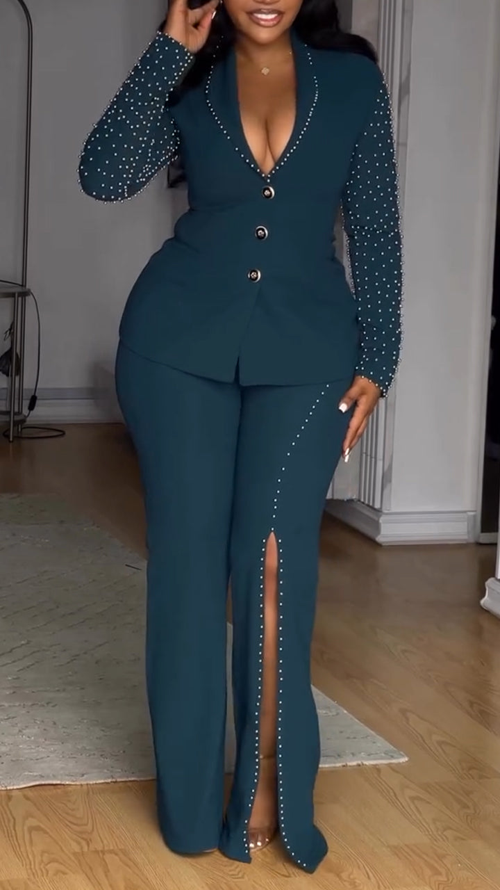 Ensemble de costume tailleur femme, veste décolleté en V profond avec clou perle + pantalon, élégant et idéal pour le bureau