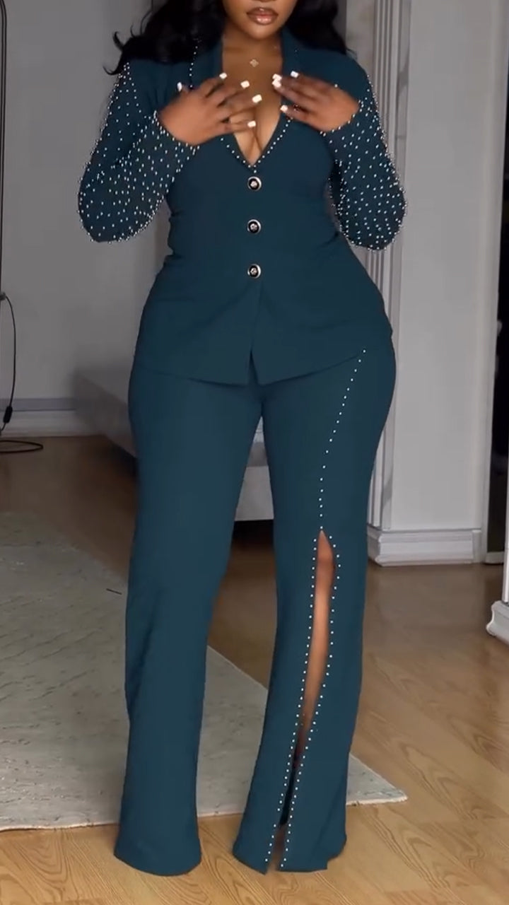Ensemble de costume tailleur femme, veste décolleté en V profond avec clou perle + pantalon, élégant et idéal pour le bureau