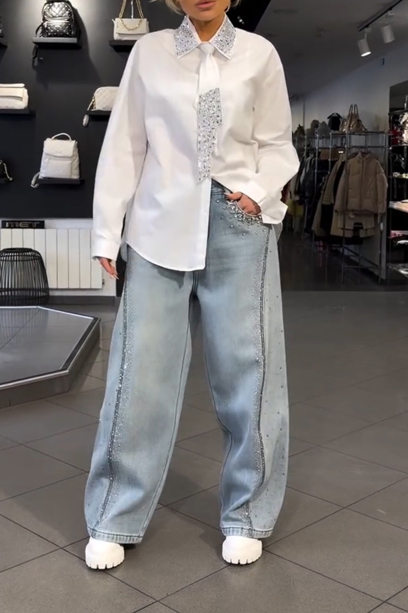 Jeans amples en strass dégradés pour femme