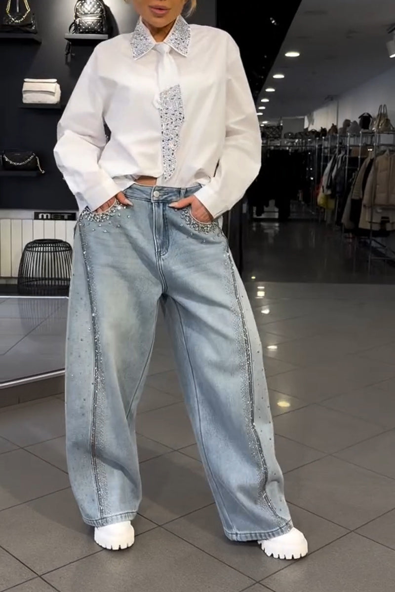 Jeans amples en strass dégradés pour femme