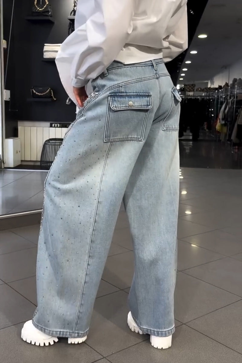 Jeans amples en strass dégradés pour femme