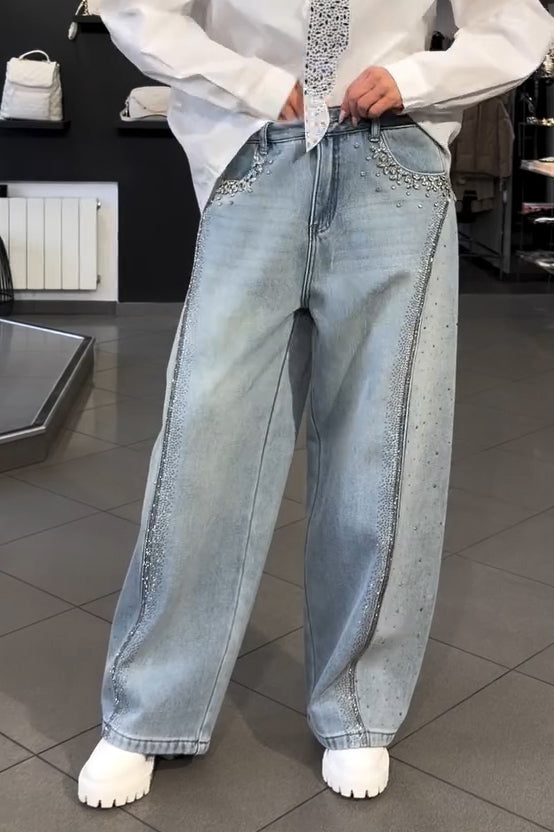 Jeans amples en strass dégradés pour femme