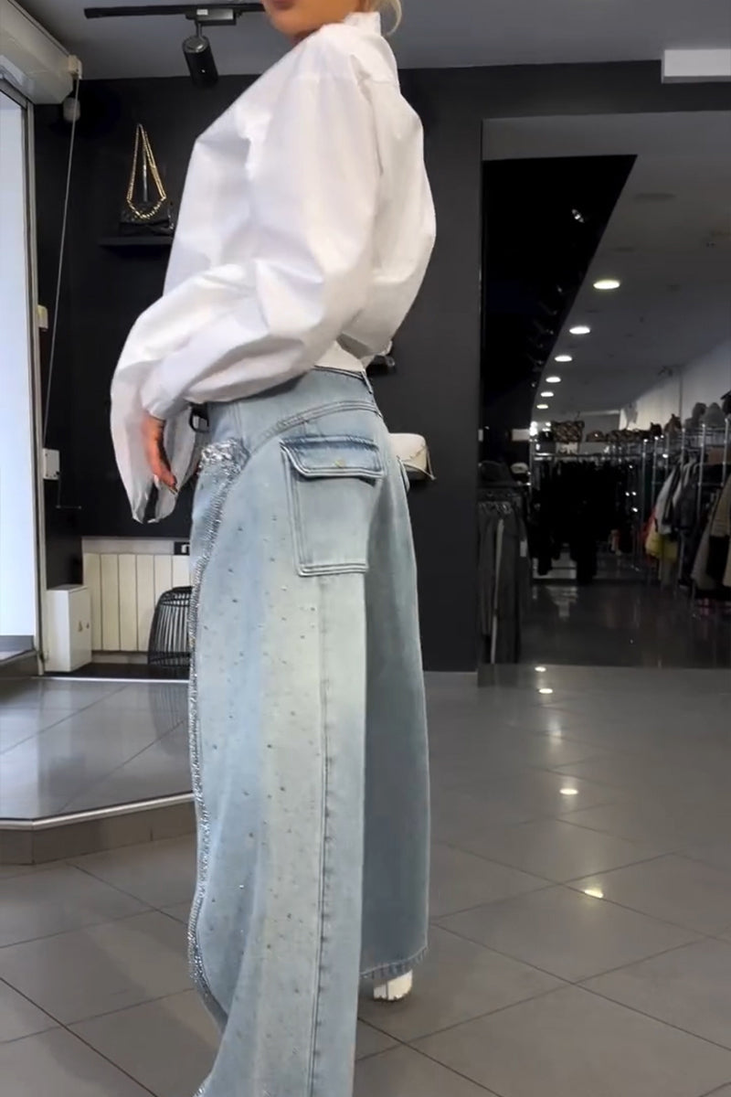 Jeans amples en strass dégradés pour femme