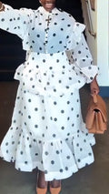 Ensemble décontracté pour femme : Haut col rond à pois + jupe patchwork avec une touche d'élégance