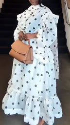 Ensemble décontracté pour femme : Haut col rond à pois + jupe patchwork avec une touche d'élégance
