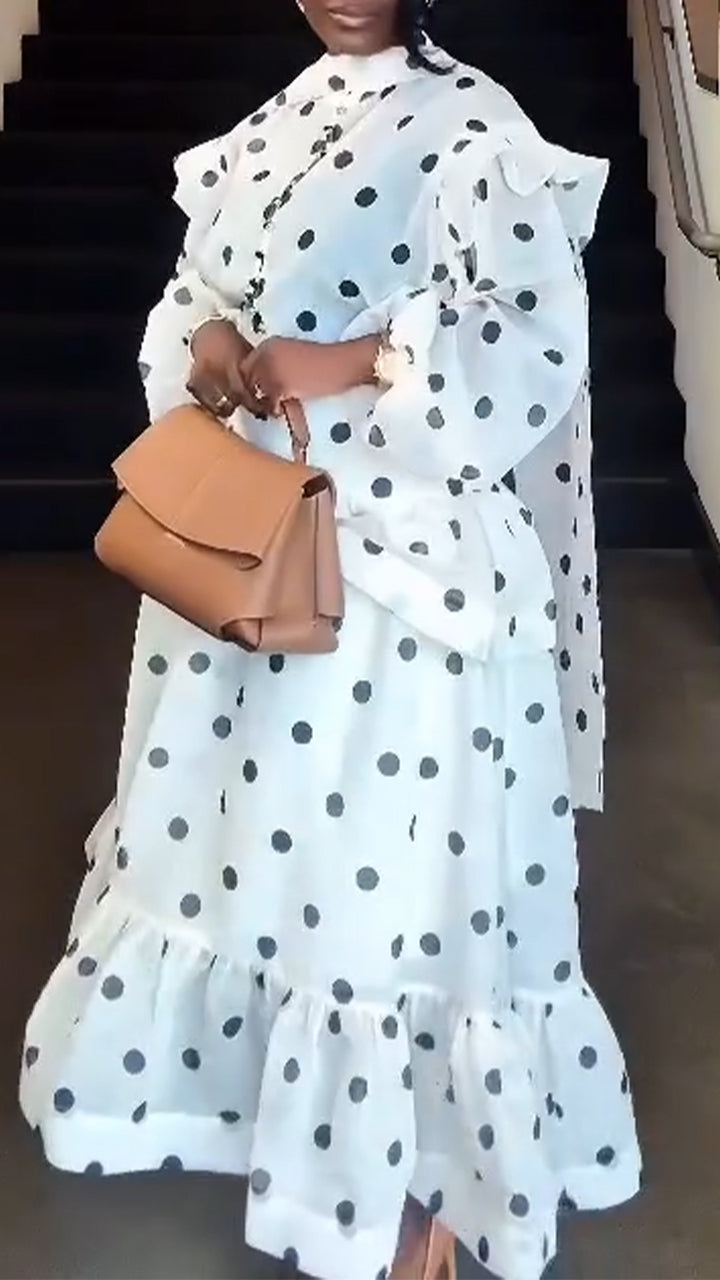Ensemble décontracté pour femme : Haut col rond à pois + jupe patchwork avec une touche d'élégance