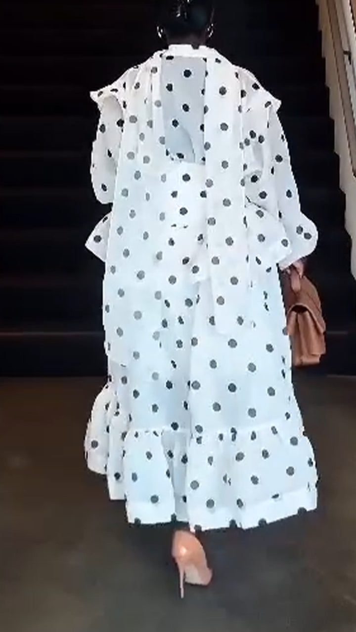 Ensemble décontracté pour femme : Haut col rond à pois + jupe patchwork avec une touche d'élégance