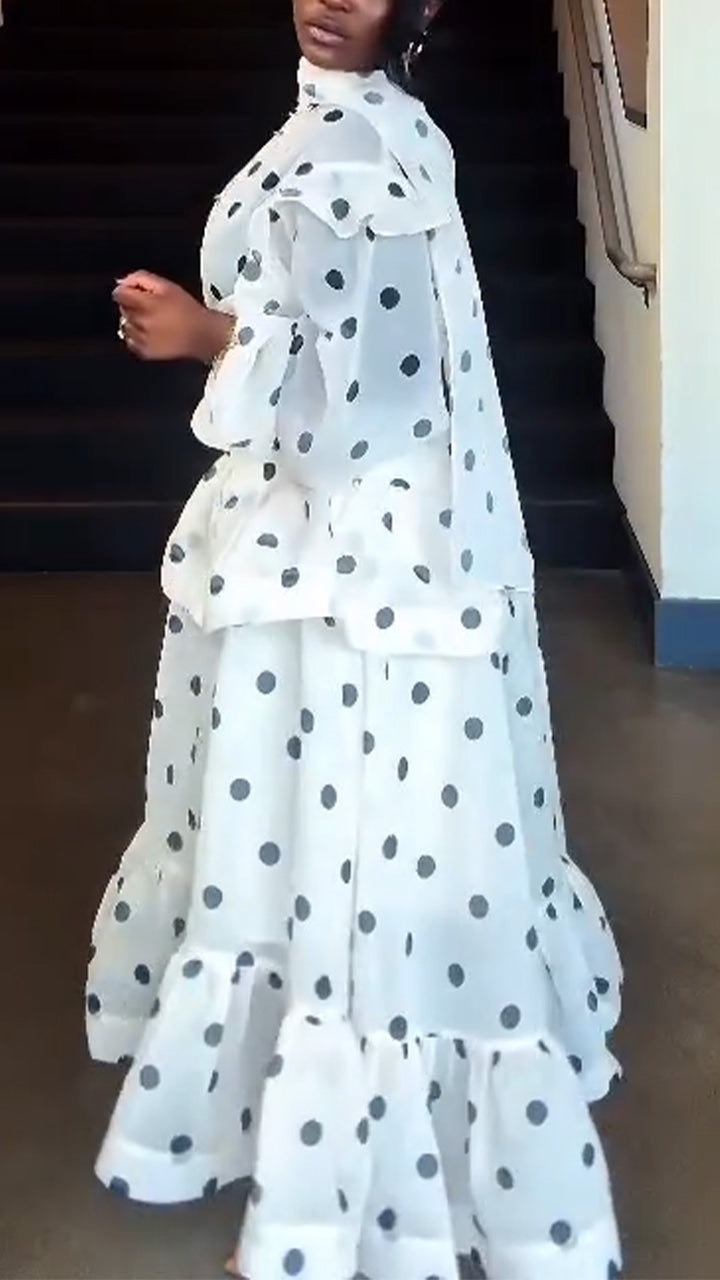 Ensemble décontracté pour femme : Haut col rond à pois + jupe patchwork avec une touche d'élégance