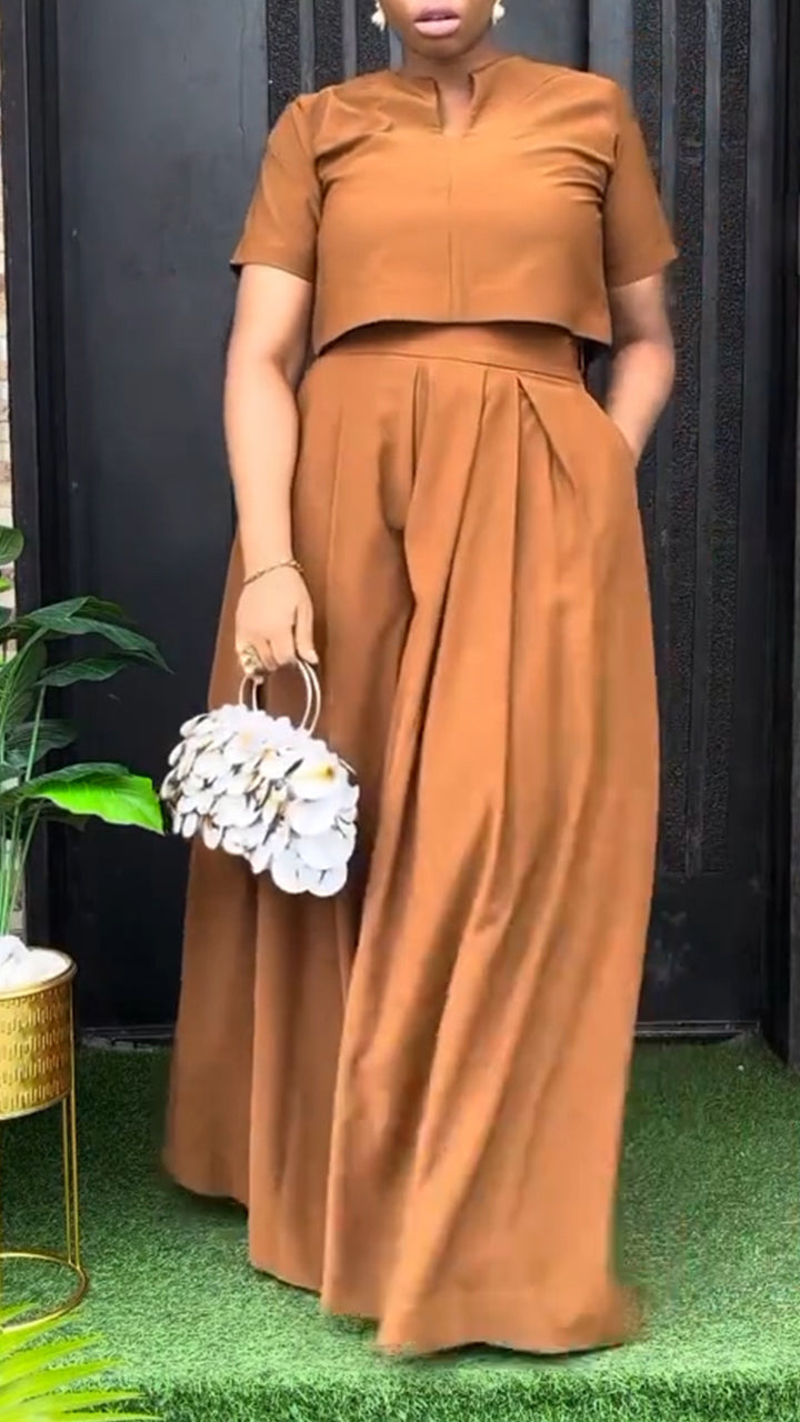 Ensemble décontracté pour femme : Haut à col rond et pantalon de couleur unie