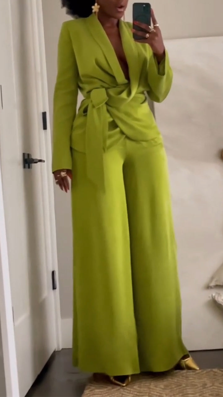 Ensemble tailleur-pantalon couleur unie pour femme : Veste à col + pantalon