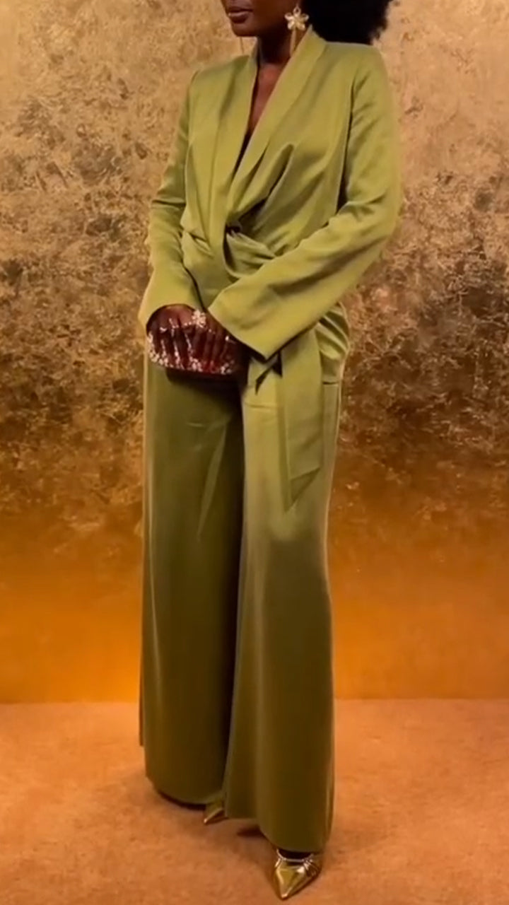 Ensemble tailleur-pantalon couleur unie pour femme : Veste à col + pantalon