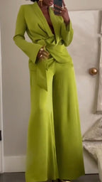Ensemble tailleur-pantalon couleur unie pour femme : Veste à col + pantalon