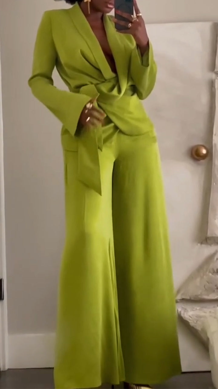 Ensemble tailleur-pantalon couleur unie pour femme : Veste à col + pantalon
