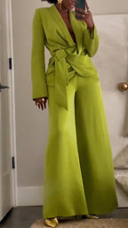 Ensemble tailleur-pantalon couleur unie pour femme : Veste à col + pantalon